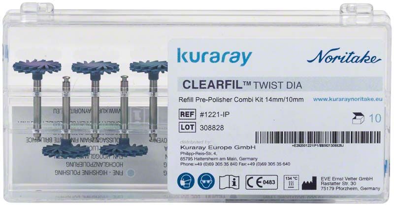 CLEARFIL™ Twist DIA Vorpolierer-Kit in transparenter Verpackung mit fünf Werkzeugen.