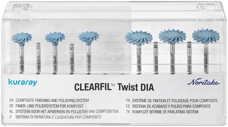 Transparente Box mit CLEARFIL™ Twist DIA Polieraufsätzen für Zahnkomposit.
