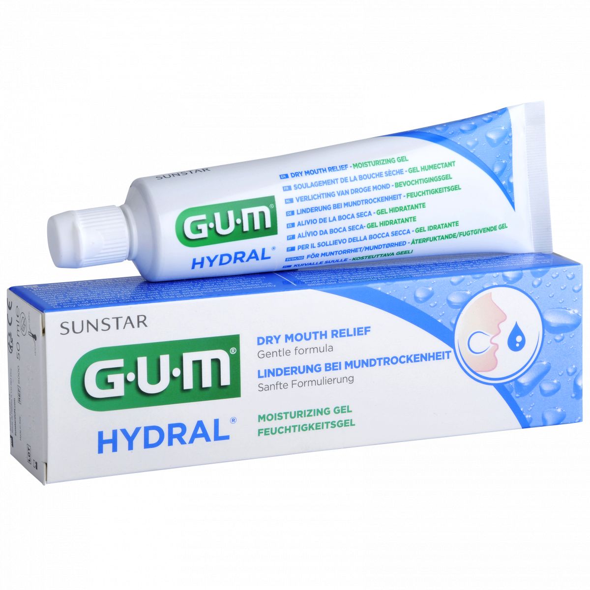 GUM HYDRAL Feuchtigkeitsgel mit Verpackung zur Linderung bei Mundtrockenheit.