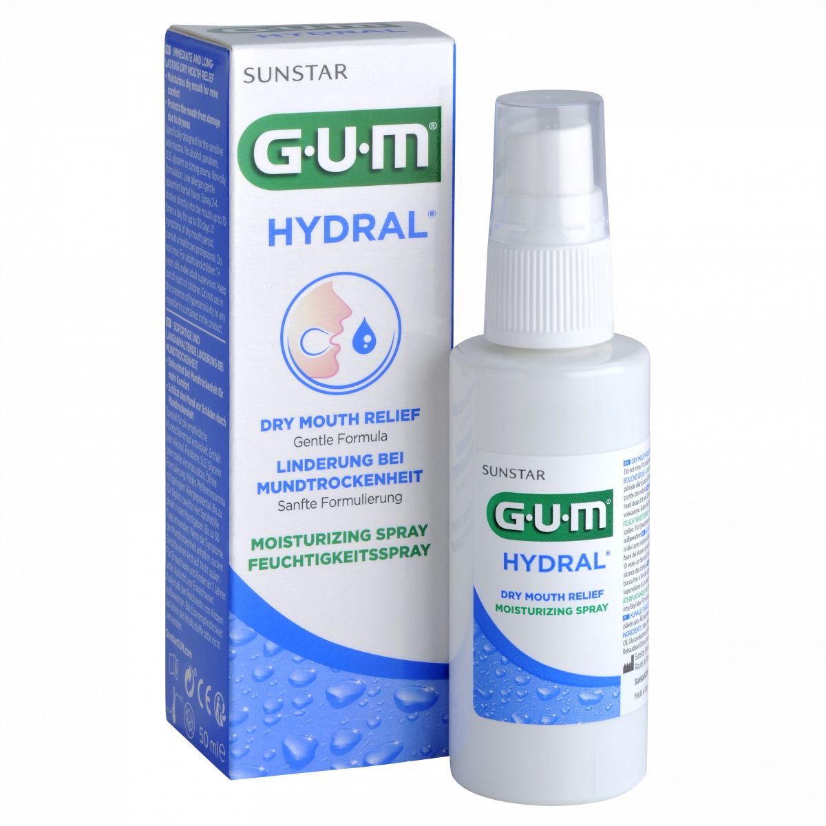 GUM HYDRAL Feuchtigkeitsspray mit Verpackung und Produktflasche auf weißem Hintergrund.