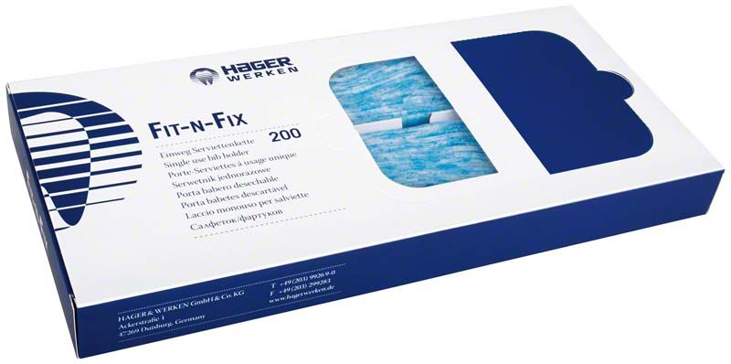 Einweg-Serviettenhalter Fit-N-Fix in blauer Verpackung.