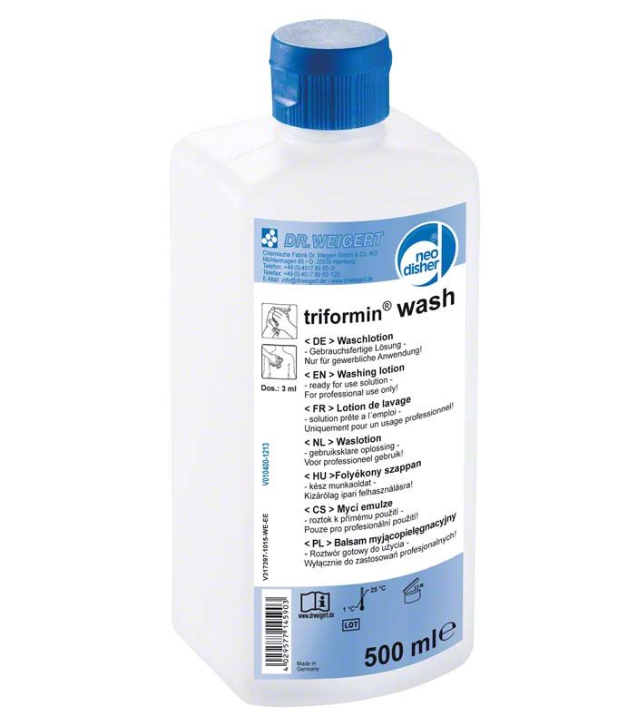 Triformin Waschlösung 500 ml Flasche mit blauem Verschluss und Etikett.