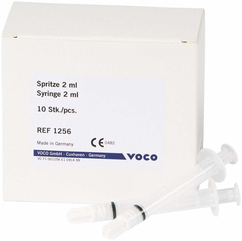 Vococid® Leerspritzen 10 x 2 ml mit Verpackungsetikett im Vordergrund.