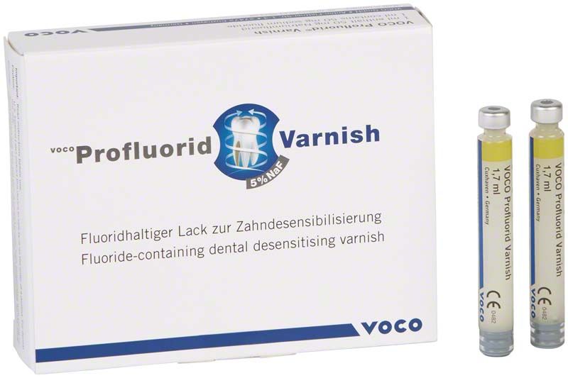 Verpackung von VOCO Profluorid® Varnish mit zwei Zylinderampullen.