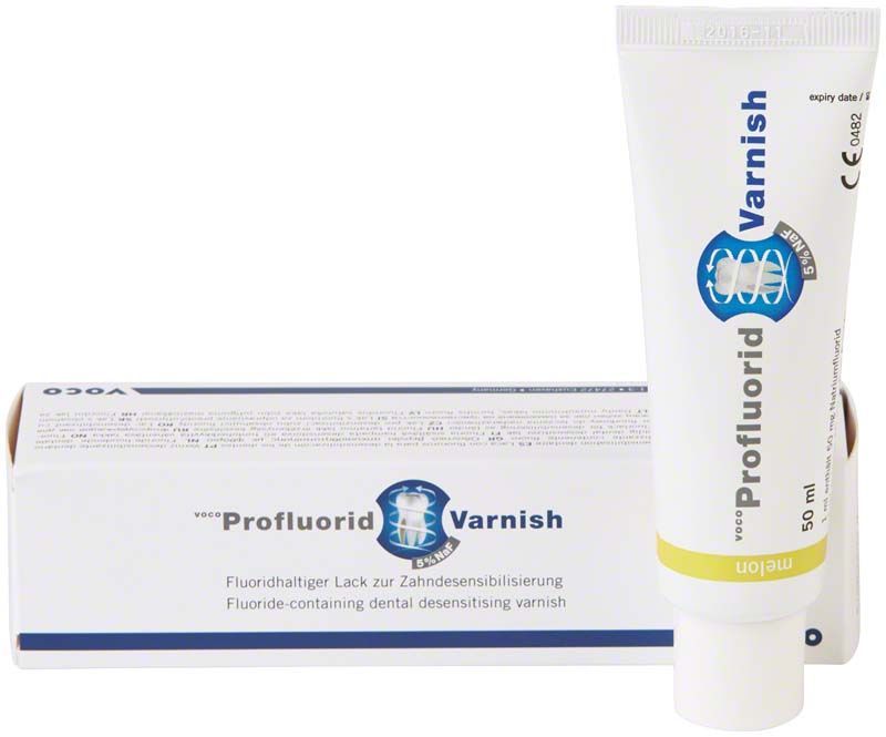 VOCO Profluorid® Varnish Tube 50ml mit Verpackung und Zahnschutzbeschreibung.