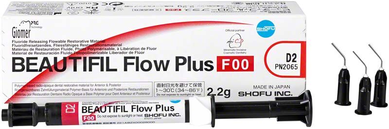 BEAUTIFIL Flow Plus Spritze F00 D2 mit Verpackung und Applikationsspitzen.