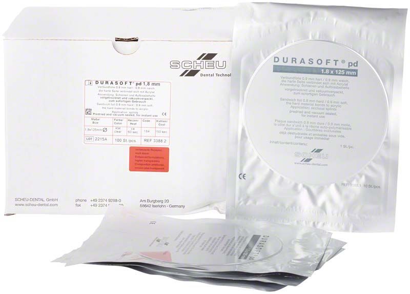 DURASOFT® pd 100er 1,8mm Tiefziehfolien in Vakuumverpackung vor weißer Box.