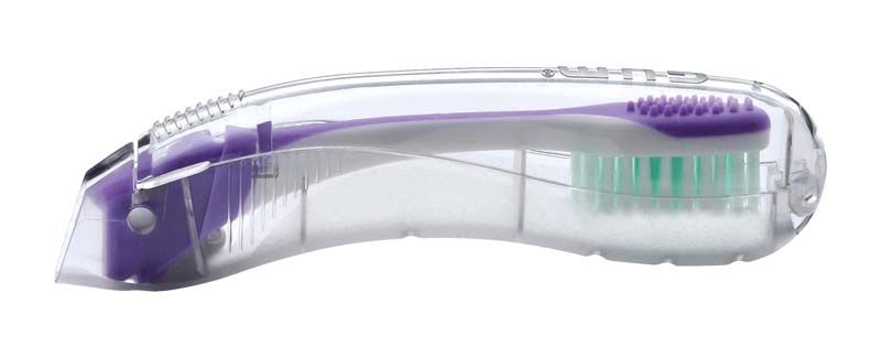 GUM® KFO-Reisezahnbürste in transparentem Etui mit lila und grünen Borsten.