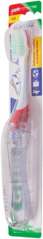 GUM® KFO-Reisezahnbürste in Verpackung mit klappbarem Griff und V-förmigem Borstenschnitt.