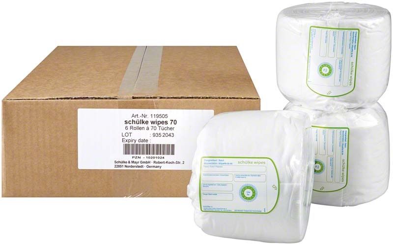 Schülke Wipes 70 Rollen in Verpackung mit drei sichtbaren Rollen.