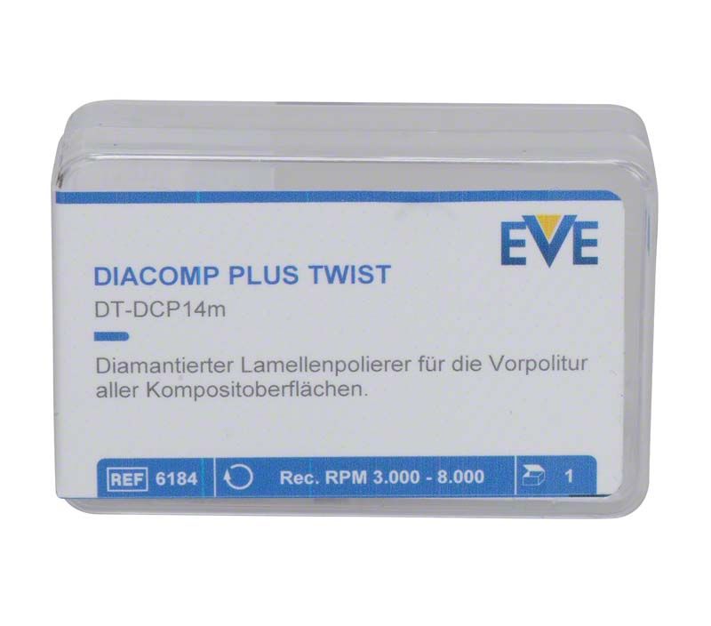 EVE DIACOMP® plus TWIST Vorpolierer in transparenter Kunststoffverpackung mit Etikett.