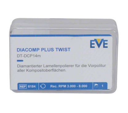 EVE DIACOMP® plus TWIST Vorpolierer in transparenter Kunststoffverpackung mit Etikett.