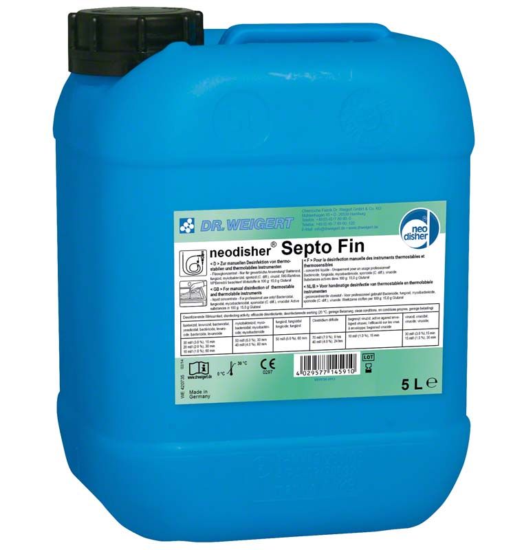 Blauer 5-Liter-Kanister neodisher® Septo Fin mit Etikett und schwarzem Deckel.