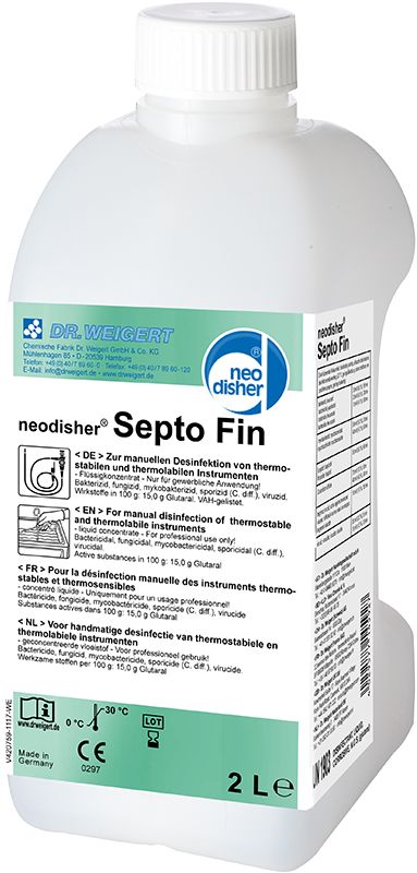 Neodisher® Septo Fin Flasche mit 2 Litern Desinfektionsmittel.