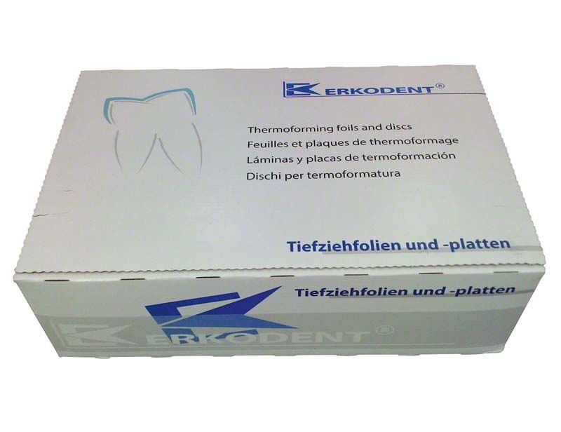Verpackung der Erkodent Tiefziehfolien mit Zahn-Symbol und Produktinformationen.