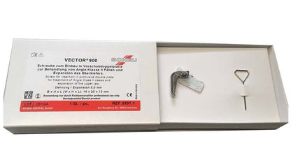 Offene Verpackung der VECTOR® VDP-Schraube Typ 900 mit Schraube und Zubehör.