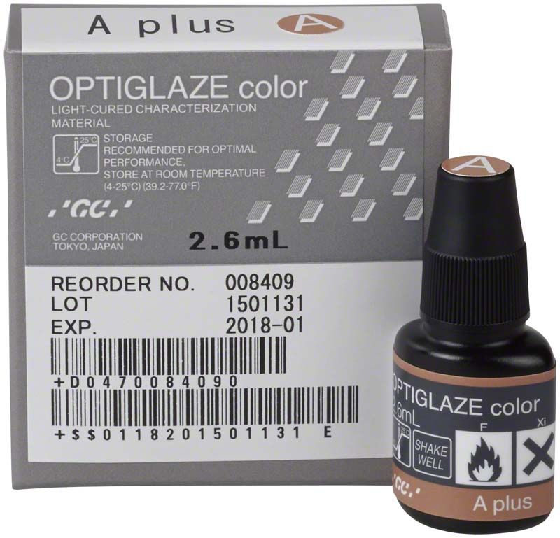 OPTIGLAZE color A plus Flasche und Verpackung mit Produktinformationen.