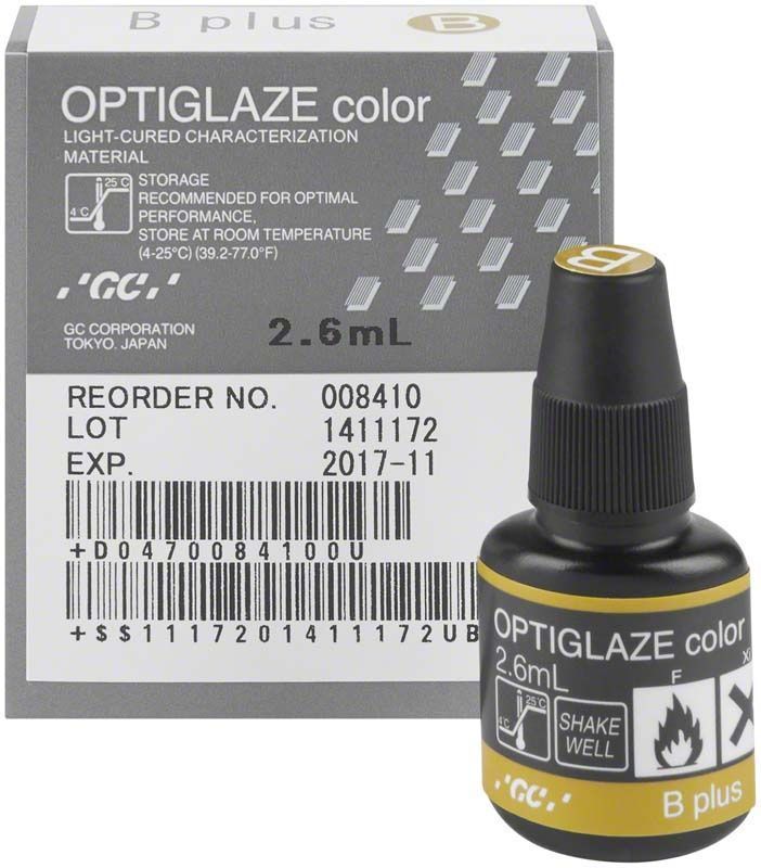 OPTIGLAZE color B plus Flasche vor Verpackung mit Produktinformationen.