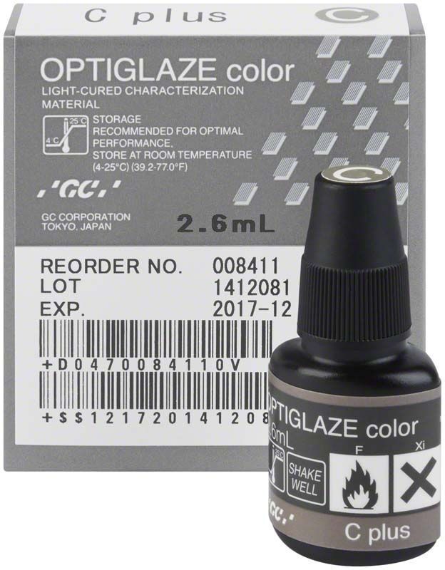 OPTIGLAZE color C plus Flasche und Verpackung mit Produktinformationen.
