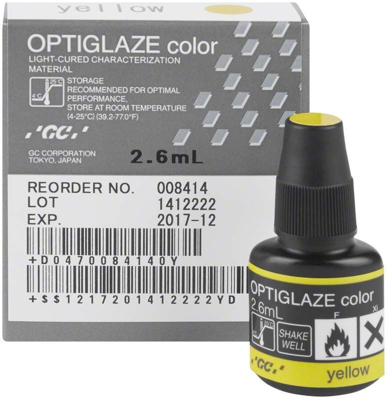 OPTIGLAZE color Gelb Flasche und Verpackung mit Produkthinweisen.