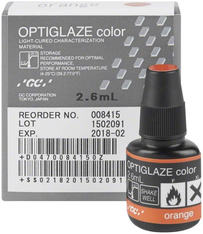 OPTIGLAZE color orange Flasche mit Verpackung und Sicherheitskennzeichnungen.