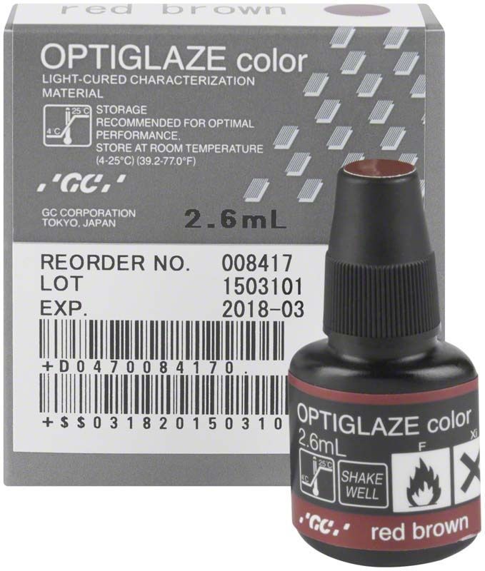 OPTIGLAZE color rotbraun Flasche und Verpackung für dentalen Einsatz.