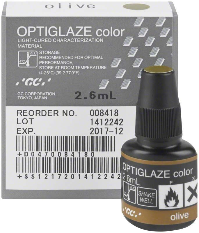 OPTIGLAZE color oliv Flasche vor Verpackung mit Produktdetails und Logo.