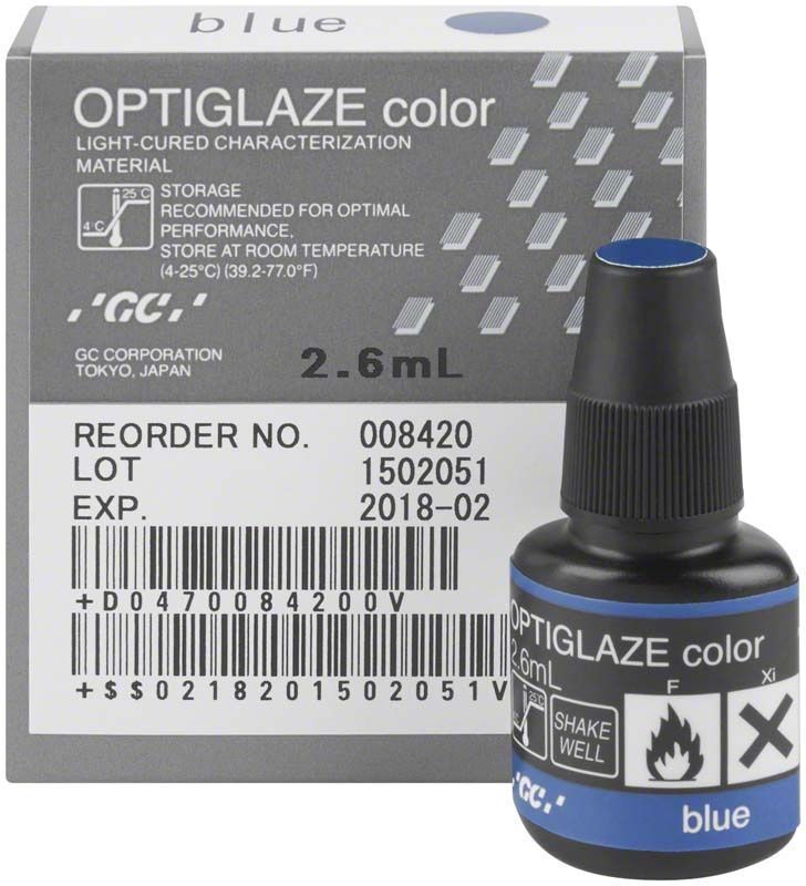 OPTIGLAZE color blau Flasche und Verpackung für dentalmedizinische Oberflächenversiegelung.