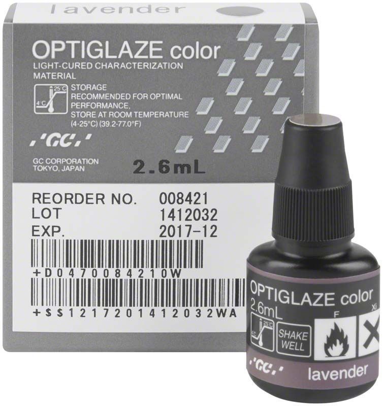 OPTIGLAZE color lavendel Flasche mit Verpackung für dentalmedizinische Anwendungen.
