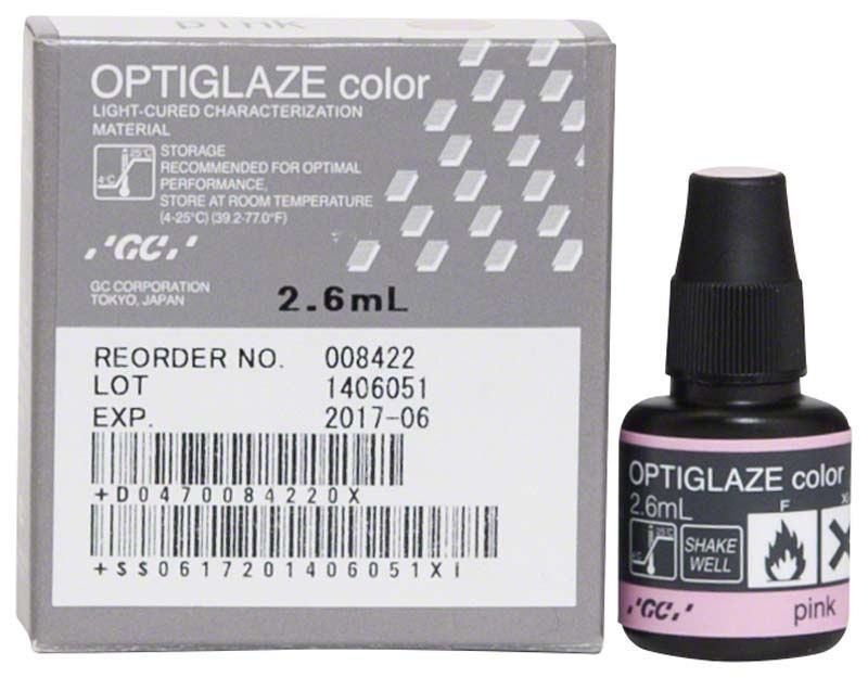 OPTIGLAZE color pink Flasche und Verpackung für dentalen Einsatz.