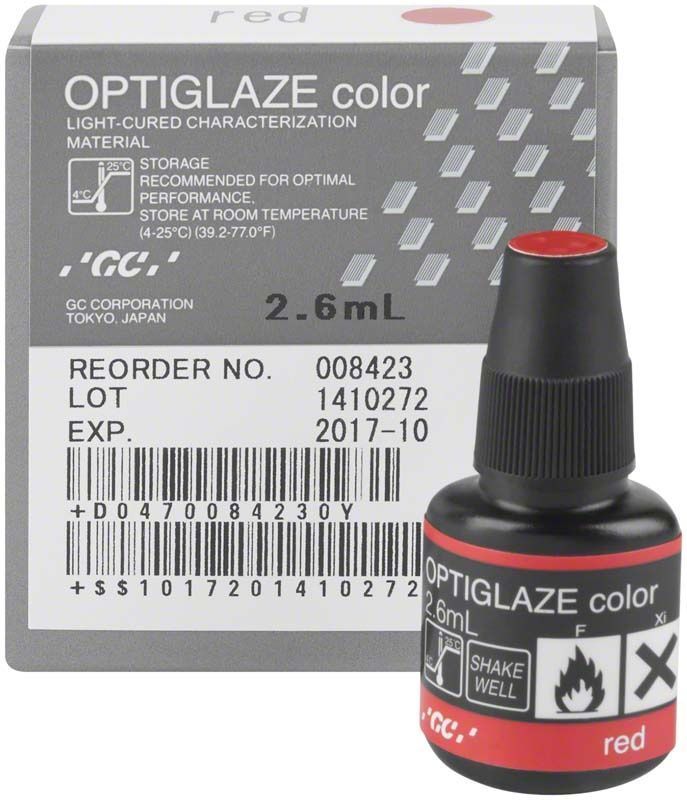 OPTIGLAZE color rot Flasche und Verpackung für dentalmedizinische Oberflächenversiegelung.