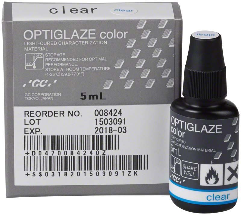 OPTIGLAZE color klar 5mL Flasche und Verpackung für dentalmedizinische Anwendungen.