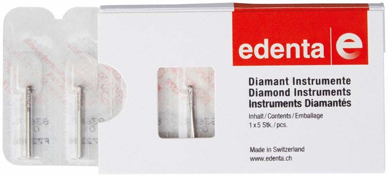 Zahnärztlicher Diamantbohrer FG 836KR 016 in Verpackung von edenta.