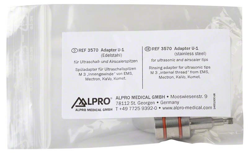 Spüladapter U-6-S aus Edelstahl in Kunststoffverpackung.