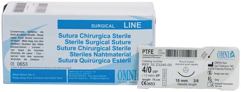 Sterile Nahtmaterialverpackung aus PTFE Monofil für dentalchirurgische Eingriffe.