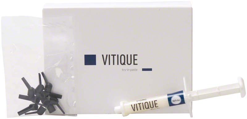 Vitique Try-In-Paste in Spritze mit Verpackung und Mischspitzen.