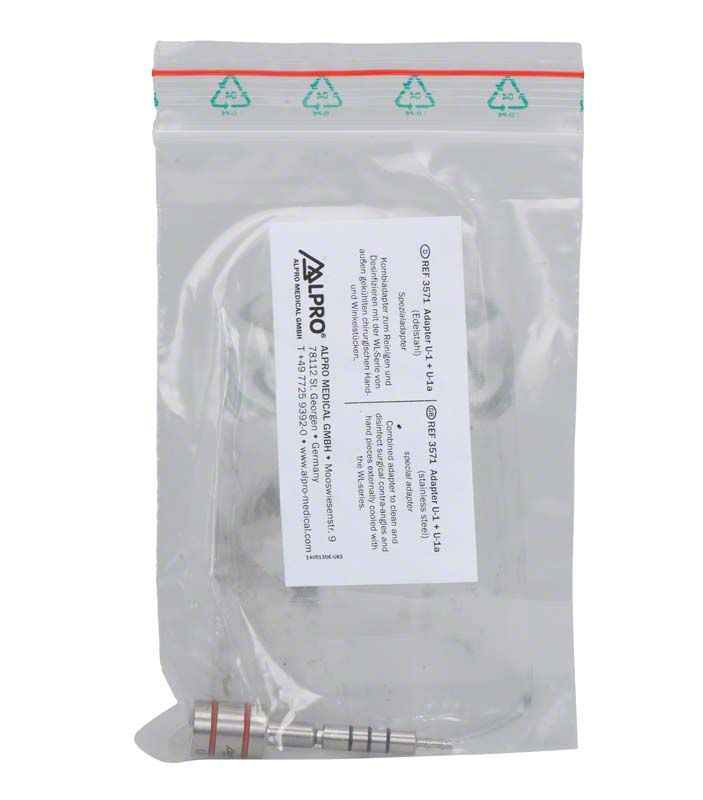 Transparente Verpackung mit Spüladapter U-1+U-1a und Beschriftung.