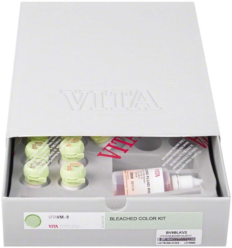 VITAVM®9 Bleached Color Kit mit Farbflüssigkeiten und Zubehör in geöffneter Verpackung.