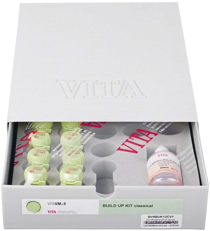 VITAVM®9 BUILD UP KIT mit mehreren Keramikpulverbehältern in geöffneter Verpackung.