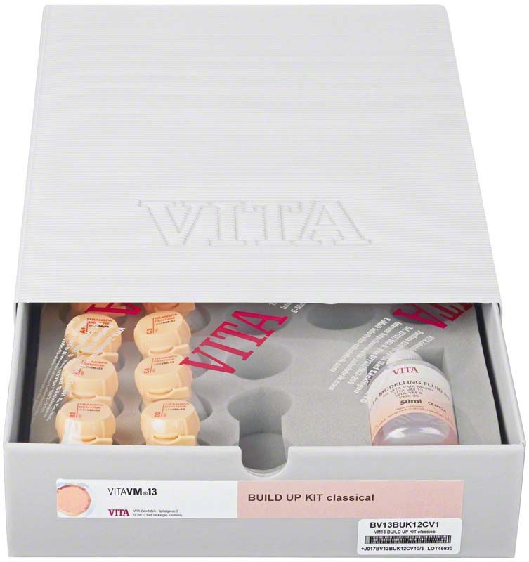 VITAVM®13 Aufbaukit mit mehreren Farbkapseln und Zubehör in geöffneter Verpackung.