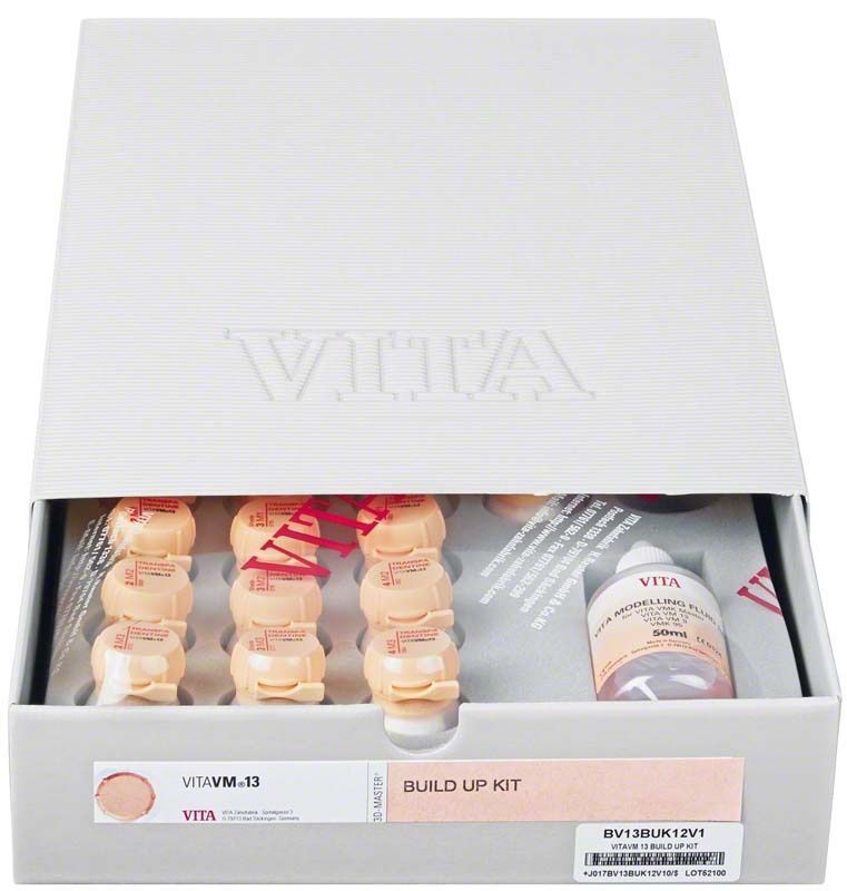 VITAVM®13 Aufbaukit VITA SYSTEM 3D-MASTER® mit mehreren Behältern und Flasche.