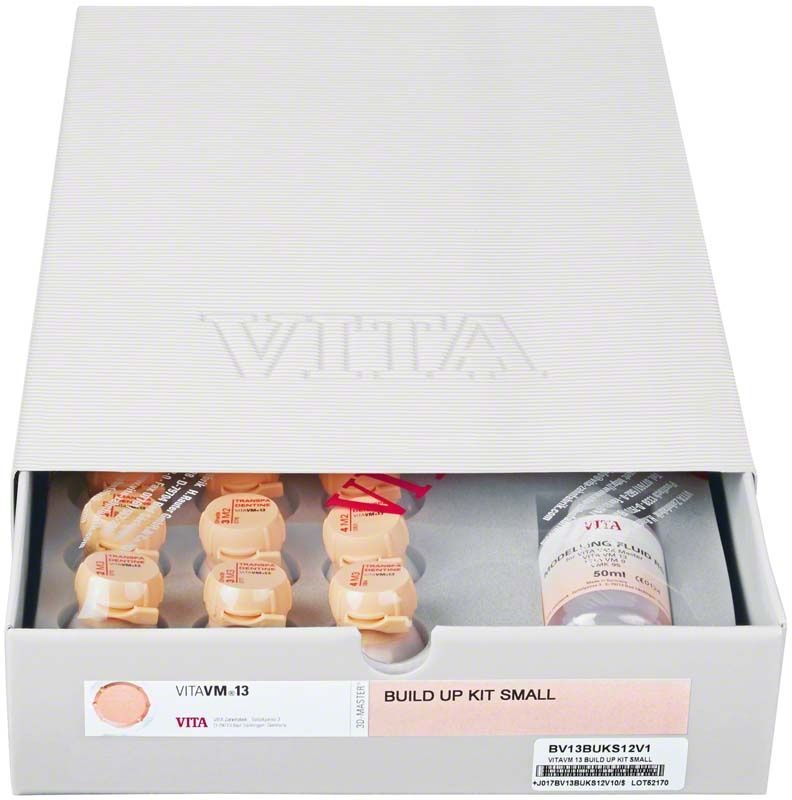 VITAVM-13 Aufbauset mit Zahntechnik-Material in geöffneter Verpackung.