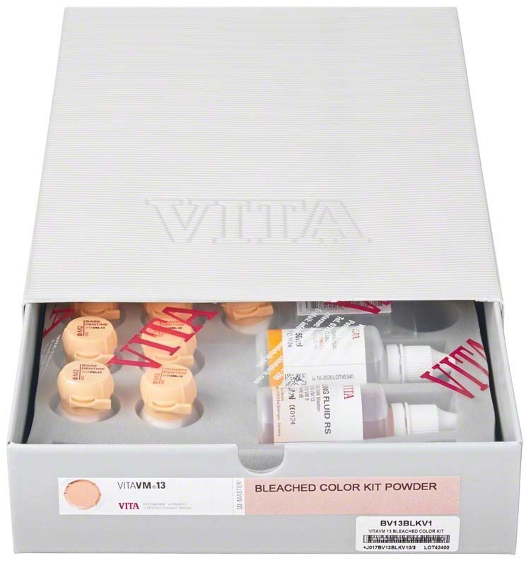 VITA VM13 Bleached Color Kit Powder Verpackung mit geöffnetem Fach und Pulverbehältern.