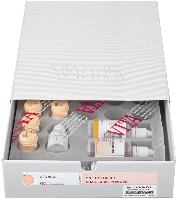 VITAVM®13 ONE COLOR KIT, Zahntechnik-Pulver in Farbton 3M2 in geöffneter Verpackung.