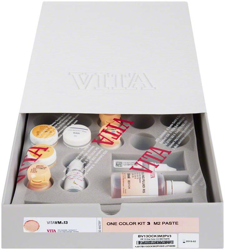 VITA Zahnfarb-Kit mit verschiedenen Paste-Komponenten in einer offenen Verpackung.