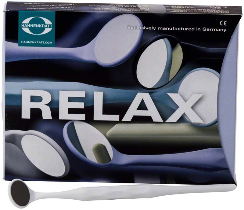 RELAX Mundspiegel FS Rhodium mit breitem ergonomischem Griff auf Verpackung.