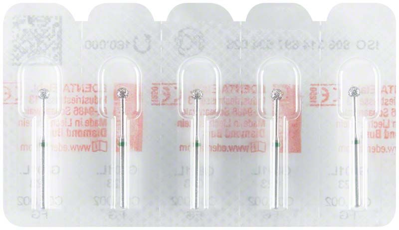 Diamantschleifer FG 801LG 023 im Blisterpack mit grünem Ring.