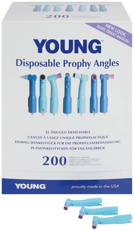 Einweg Prophy-Winkelstück mit lila Polierkelch auf Verpackung.