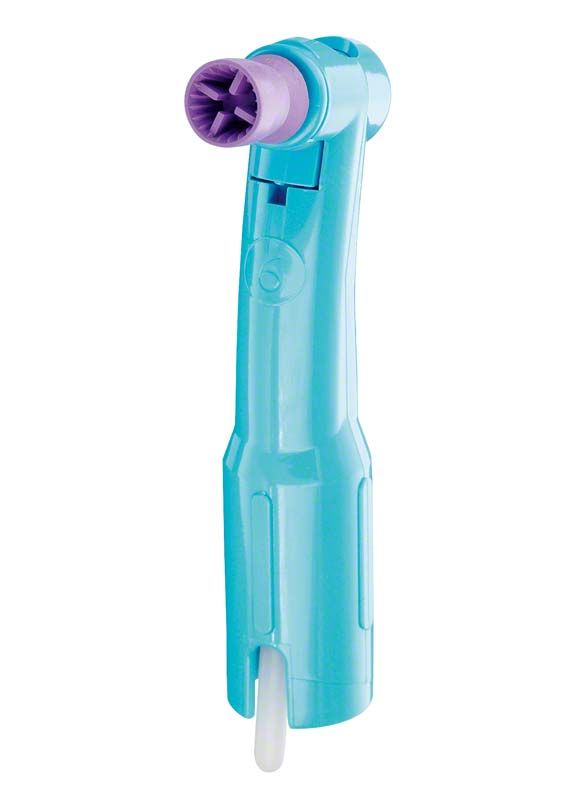 Einweg Prophy-Winkelstück mit lila Polierkelch für Zahnreinigung.