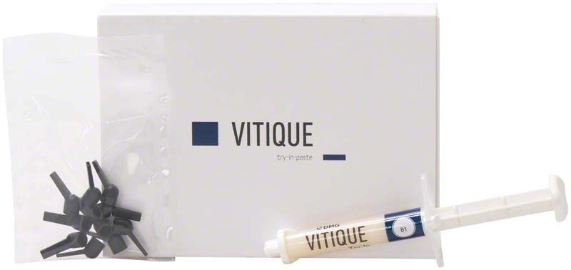 Vitique Try-In-Paste B1 Verpackung mit Spritze und Applikationsspitzen.